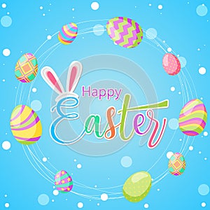 Happy Easter! Vector isolated illustration with eggs and lettering text on blue background